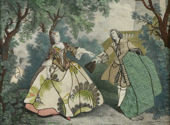 Print, aquatint enriched with coloured silks, fabrics and embroidery, Nicaise (after Nicolas Lancret) by Nicolas Larmessin IV (Paris 1684 - 1755). In gilt moulded frame, entitled 'Nicaise'. Inscribed on the back in the hand of Sabine Louise d'Hervart, Lady Winn (1734 - 1798), wife of Sir Rowland Winn, 5th Bart.