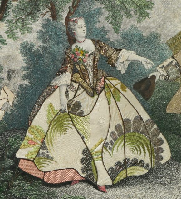 Print, aquatint enriched with coloured silks, fabrics and embroidery, Nicaise (after Nicolas Lancret) by Nicolas Larmessin IV (Paris 1684 - 1755). In gilt moulded frame, entitled 'Nicaise'. Inscribed on the back in the hand of Sabine Louise d'Hervart, Lady Winn (1734 - 1798), wife of Sir Rowland Winn, 5th Bart.