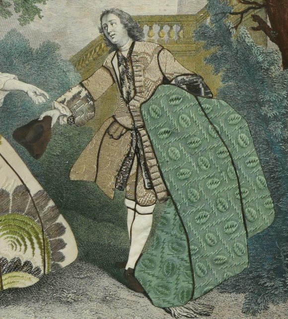 Print, aquatint enriched with coloured silks, fabrics and embroidery, Nicaise (after Nicolas Lancret) by Nicolas Larmessin IV (Paris 1684 - 1755). In gilt moulded frame, entitled 'Nicaise'. Inscribed on the back in the hand of Sabine Louise d'Hervart, Lady Winn (1734 - 1798), wife of Sir Rowland Winn, 5th Bart.